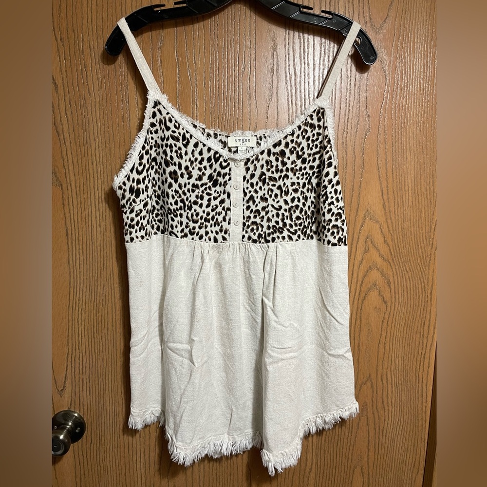 Umgee Tank Top with Leopard Print and Raw Hemline